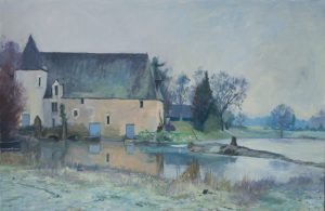 Peinture à l'huile du moulin de Corzé l'hiver